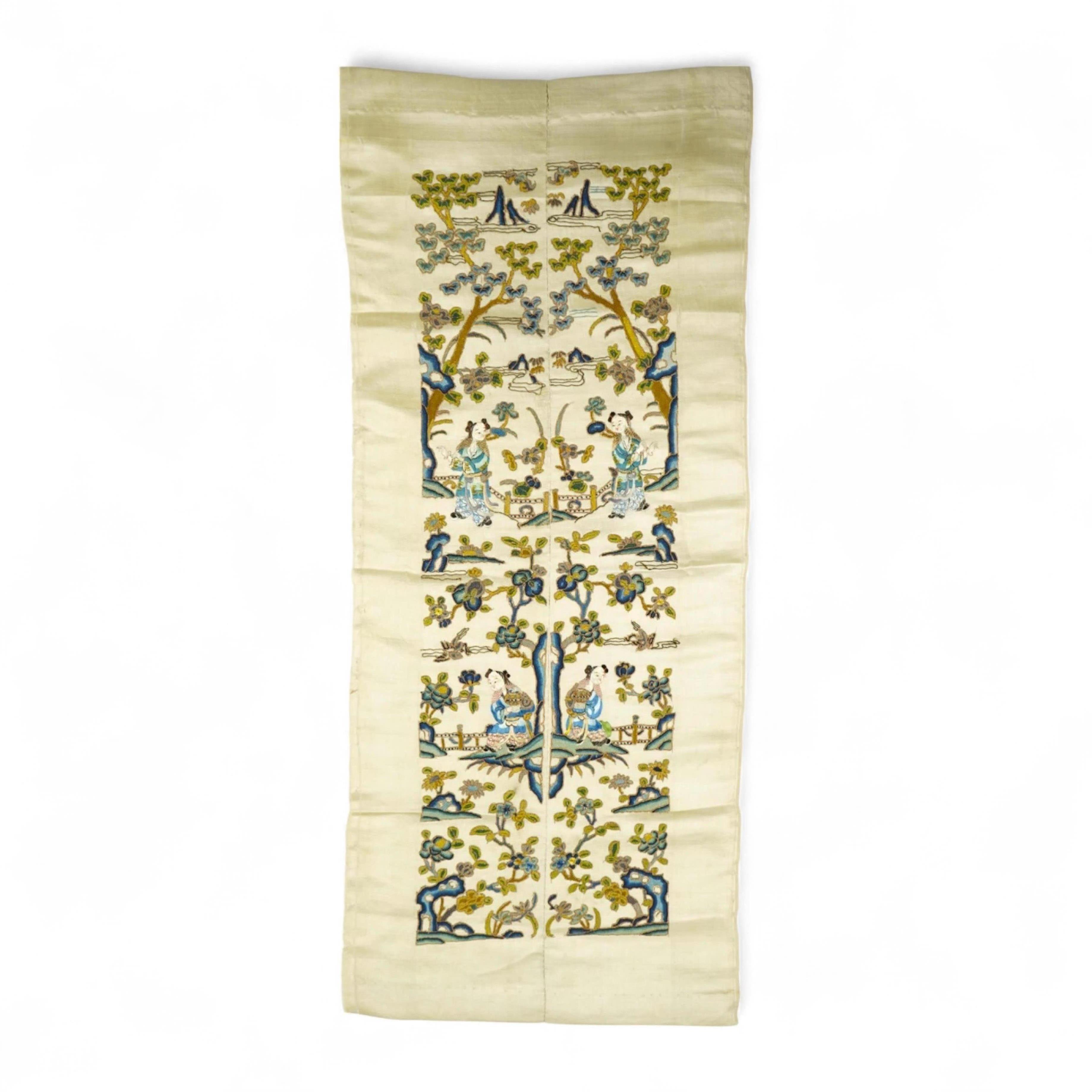 A pair of late 19th century Chinese figurative silk embroidered sleeve bands. Embroidered on cream silk using mostly Chinese knot, couched with gold thread. 53cm x 9cm each wide. Condition - cream silk, embroidery are bo